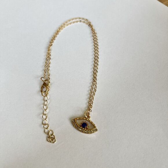 NEW Evil Eye Gold Rhinestone Blue White Necklace 16” chain lobster claw clasp - Picture 8 of 8